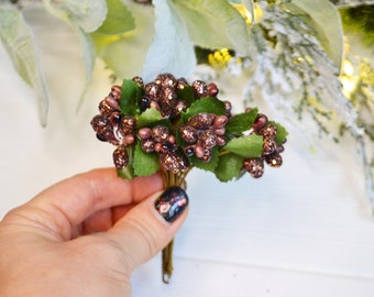 Winter pip berry Glittered holiday decor Millinery flower stame Artificial berries Fake berry filler Brown berry