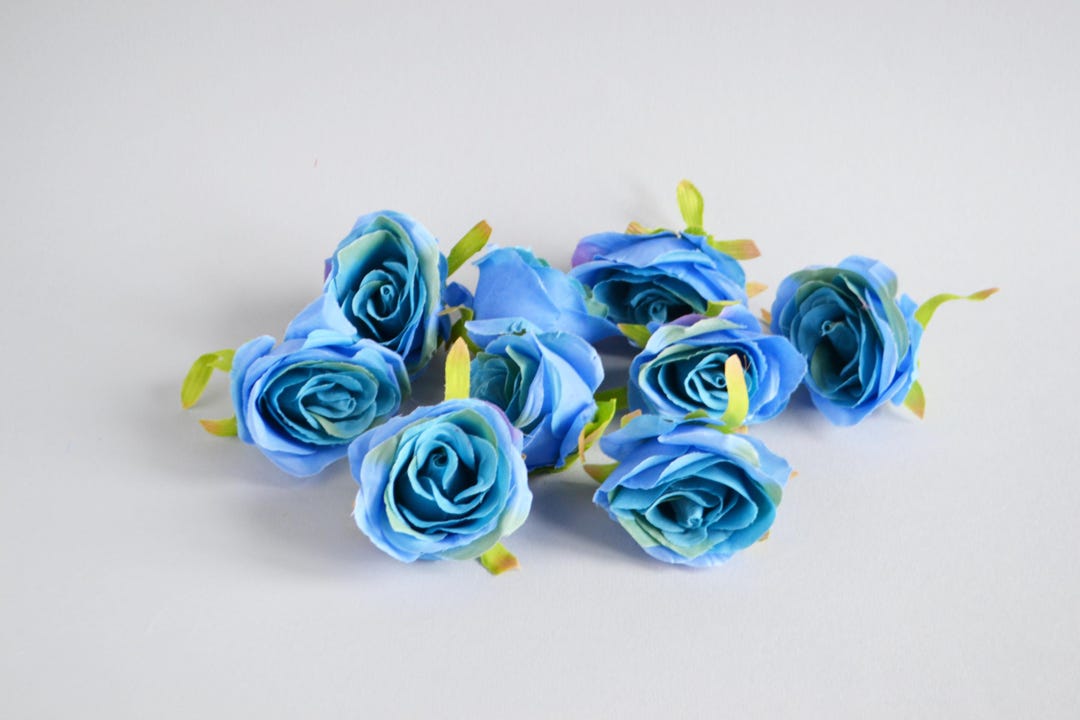 Set of 9 Pcs Artificial Silk Flowers Blue Fake Roses Faux Flower Heads ...