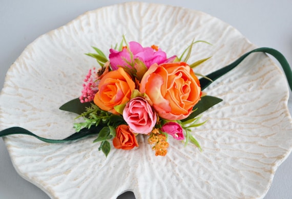 Hot Pink & Orange Floral Wrist Corsage: Summer Wedding Accessory