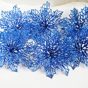 Blue Glitter Poinsettia Flower Heads - Set of 6 (5.11 inch)
