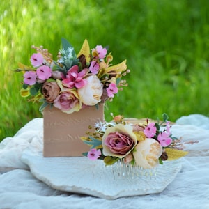 Rust white gold brown flower set Floral comb Bridal flower clip Headpiece Flower headpiece Groomsmen Bouttonnier
