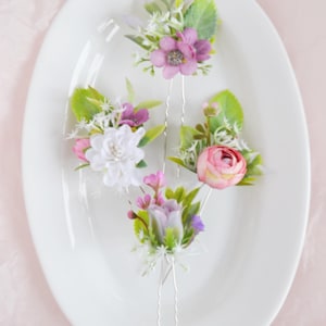 Set of 4 hair pins Pastel lavender pink white Hair accessories Flower girl headpiece Flower hair pins Bridesmaid Summer fower pins