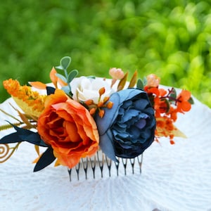 Burnt orange navy blue hair comb Flower girl headpiece Floral comb Hair accessories Boho wedding Wedding hair comb