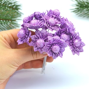 Christmas artificial flowers, Glitter flowers, Holiday flowers, Faux flowers, Purple fake flowers