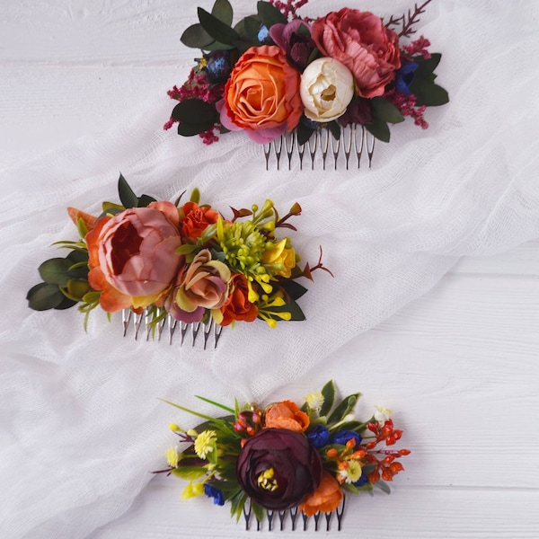 Burgundy rust floral accessories Orange flower comb Bridal flower clip Bridesmaid floral headpiece Fall wedding