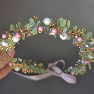 White pink winter hair crown Christmas berry headband Winter hair wreath Winter floral halo