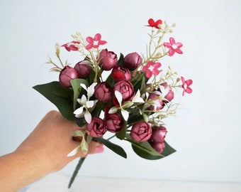 Burgundy artificial bouquet Fake ranunculus Pearl silk flowers Wedding flowers Table decoration Wedding flowers Faux ranunculus