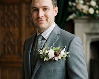 Winter Wedding Pocket Boutonniere Floral Pocket Square for Groom White Faux Flower Boutonniere