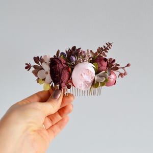Burgundy blush pink flower comb Bridal hair comb Flower hair clip Wedding hair comb Bridal flower hair piece Floral comb
