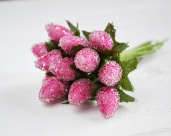 12 Pink artificial raspberries Fake berries Faux berry Beaded berries Pink berry Craft berry Wired berry Fake fruit