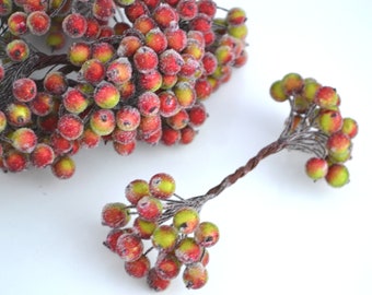 Red Green Artificial Berries on Wire, Gift Wrap, Autumn Decor