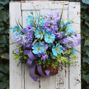 Wicker Hanging Door Basket, Lilac & Cosmos wreath, Bridal Shower Decor, Year Round Wicker Wall Basket, Home Wall Decor, Hanging Wall Basket