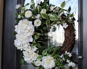 Mother's Day Wreath, White Hydrangea Spring Wreath, Wedding Bridal Gift, Birthday Gift, Sympathy Gift, Off White Sympathy Wreath, Home Decor