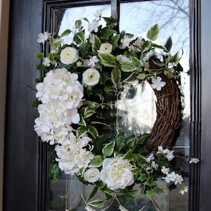 Front Door Wreath, Wedding Decor, Hydrangea wreath, Bridal Shower Decor, Off White Sympathy Wreath, Double Door wreath, Grief & Mourning