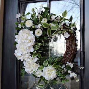 White Spring Wreath Front Door, Wedding Decor, Hydrangea wreath, Bridal Shower Decor, Off White Floral Sympathy Wreath, Double Door wreath