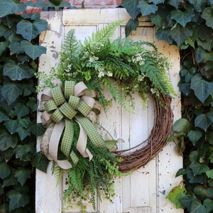 Year Round Door Wreath w/ Mixed Fern & Beaded Grass, Button Fern Wreath, Fall Double Door wreath, Cottage Style Home Decor, Garden Style