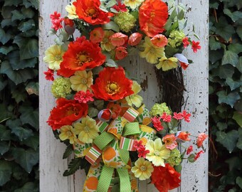 Orange & Yellow Spring Summer Wreath for Front Door, Colorful Summer Wreath, Farmhouse wreath, Home Wall Decor, Garden Style Patio Decor