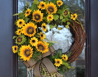 Summer Sunflower Wreath for Front Door, Summer Wreath, Sunflower Porch Decor, Country Farmhouse Home Decor, Double Door Sunflower Wreath