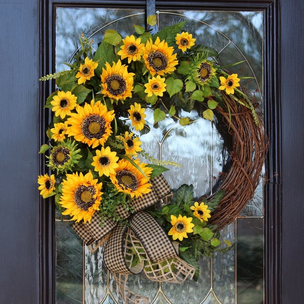 Sunflower Wreath for Front Door, Spring Sunflower Door Decor, Country Farmhouse Wreath, Home Wall Decor, Double Door Sunflower Wreath,