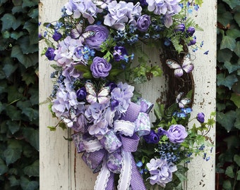 Purple Spring wreath, Summer Front Door Wreath, Garden Style Porch & Patio Decor, Wedding Shower Decor, Farmhouse Style Wreath, Mothers Day