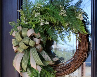 Fern Wreath for Front Door, Spring Door wreath, Mixed Fern Everyday wreath, Year Round Double Door Greenery Wreath, Cottage Style Home Decor