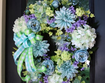 Blue & Purple Spring wreath for Front Door, Summer Hydrangea wreath, Spring Garden Style wreath, Bridal Shower Decor, Mother's Day Gift