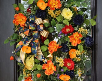 Navy & Yellow Spring Door Wreath, Spring Wreath for Front Door, Home Wall Decor, Mothers Day Wildflower Wreath, Farmhouse Double Door Wreath