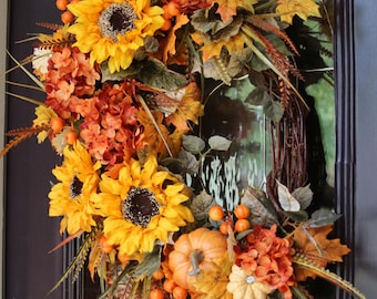 Fall Farmhouse Sunflower wreath w/ pumpkins, Rustic Country Door wreath, Rust & Gold Autumn Front Porch Decor, Thanksgiving Harvest Decor