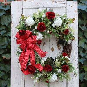 Spring Door Wreath, Garden Style Spring Summer Wreath for Front Door, Red & White Cottage Style Decor, Double Door Wreath, Mother's Day Gift