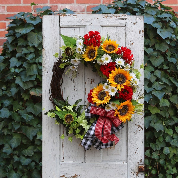 Spring Wreath for Front Door w/ Sunflowers, Red Geranium & Sunflower Spring Door Wreath, Farmhouse Decor, Kitchen Decor, Double Door Wreath