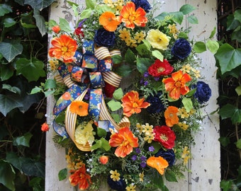 Navy Orange & Yellow Spring Wreath for Front Door, Wildflower Double Door Wreath, Farmhouse Floral Wreath, Garden Style Home Wall Decor