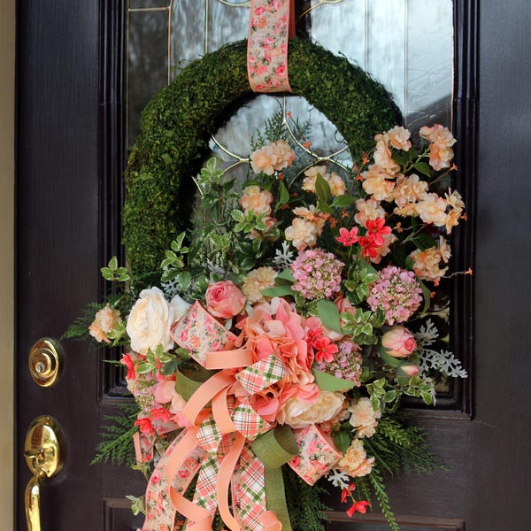 Peach Coral & Pink Spring Wreath, Oval Moss Wreath, Spring Door Decor, Garden Style Floral Wreath, Cottage Style Designer Home Wall Decor