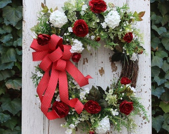 Spring Door Wreath, Garden Style Spring Summer Wreath for Front Door, Red & White Cottage Style Decor, Double Door Wreath, Mother's Day Gift