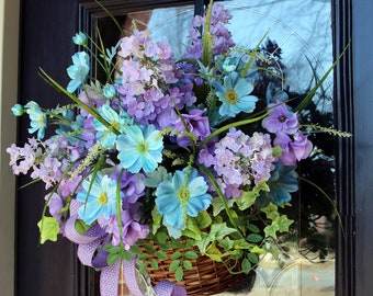 Spring Door Basket, Teal Blue & Purple Summer wreath, Spring Home Wall Decor, Garden Style Wicker Wall Basket, Mother's Day Gift, Handmade