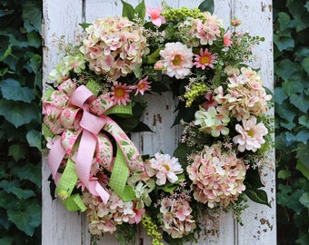 Pink & Green Spring Wreath for Front Door, Summer Wreath, Garden Style Home Wall Decor, Wedding Decor, Mothers Day Gift, Double Door Decor