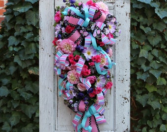 Teal, Pink & Purple Spring Door Swag, Cottage Style Spring Wreath for Front Door, Colorful Faux Floral Summer Swag, Garden Style Home Decor