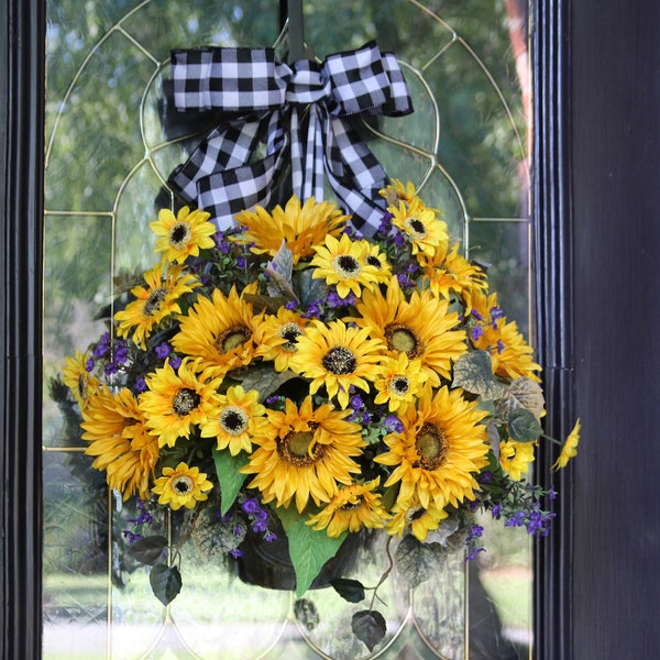 Farmhouse Spring Sunflower Door Basket, Spring Sunflower wreath, Rustic Country Kitchen decor, Farmhouse Wall Pocket, Summer Door Hanger