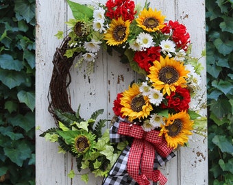 Sunflower wreath, Spring Door Wreath, Red Geranium Sunflower Wreath, Home Wall Decor, Farmhouse Style Double Door Wreath, Front Porch Decor