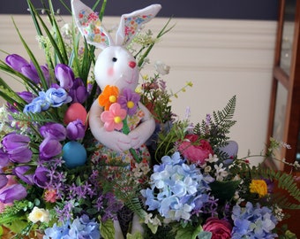 Easter Centerpiece w/ Bunny, Spring Flower Arrangement for Table, Cottage Style Floral Decor, Tablescape, Wildflower & Tulips Centerpiece