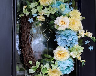 Yellow & Blue Country French Spring Door Wreath, Spring Wreath, Mother's Day Gift, Hydrangea and Rose Summer Wreath, Wedding Shower Decor
