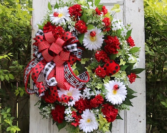 Lady Bug Wreath, Spring Wreath for Front Door, Red & Black LadyBug Wreath, Cottage Style Decor, Back Porch Summer Wreath, Home Wall Decor