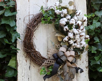 Cotton Door Wreath, Year Round Cotton wreath, Farmhouse wreath, Rustic Country Double Door Spring wreath, Cottage Style Wreath, Gift for Her
