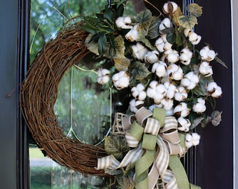 Farmhouse Cotton Summer wreath, Front Door wreath w/ Cotton, Rustic Country decor, Double door Year Round wreath, Cottage Home Decor