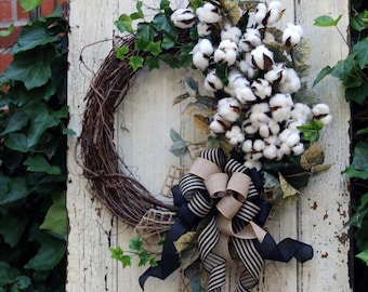 Farmhouse Cotton wreath, Front Door Wreath, Housewarming Gift, Year Round Double Door Cotton wreath, Rustic Country Cotton Wall decor