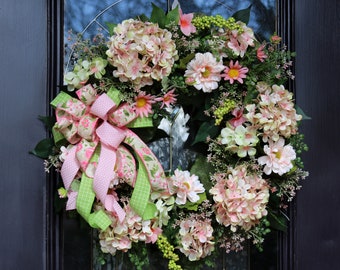 Spring Farmhouse Door Wreath, Pink Green Summer Wreath for Front Door, Garden Style Wreath, Cottage Style Wall Decor, Bridal Shower Decor