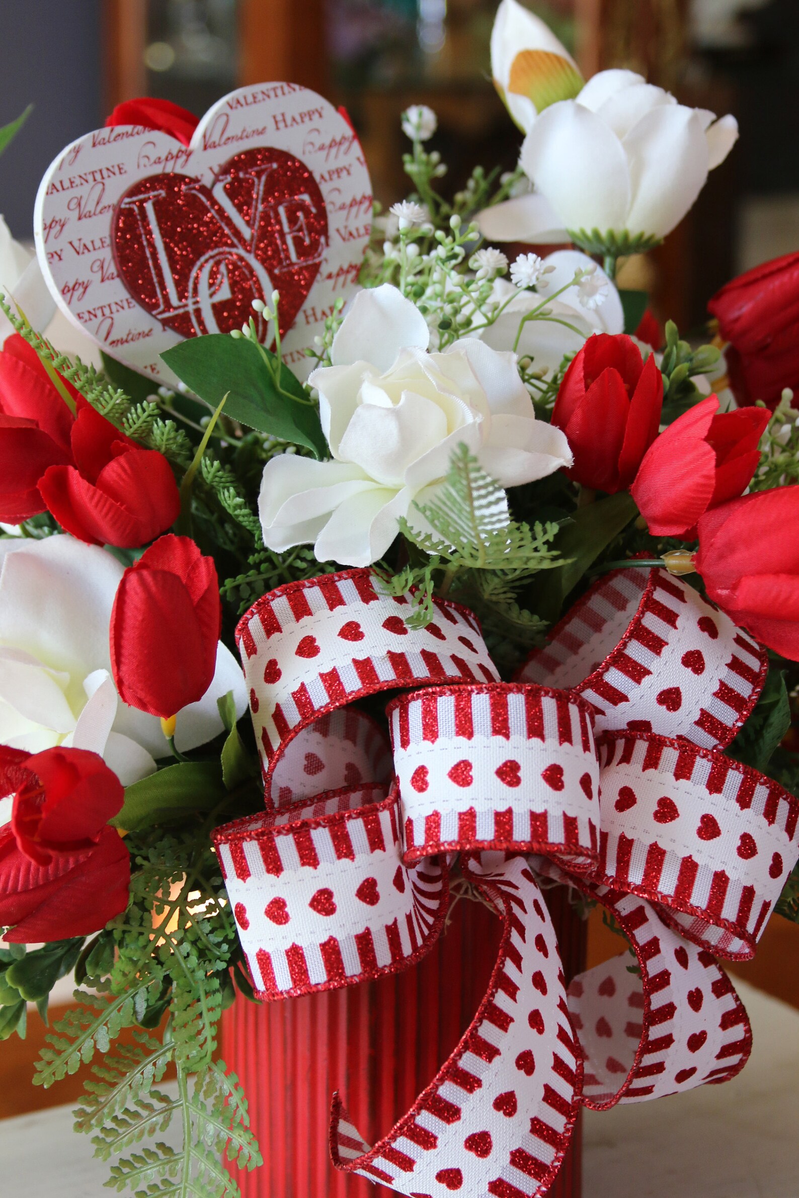 Valentines Day Flower Arrangement Valentines Centerpiece Red Etsy