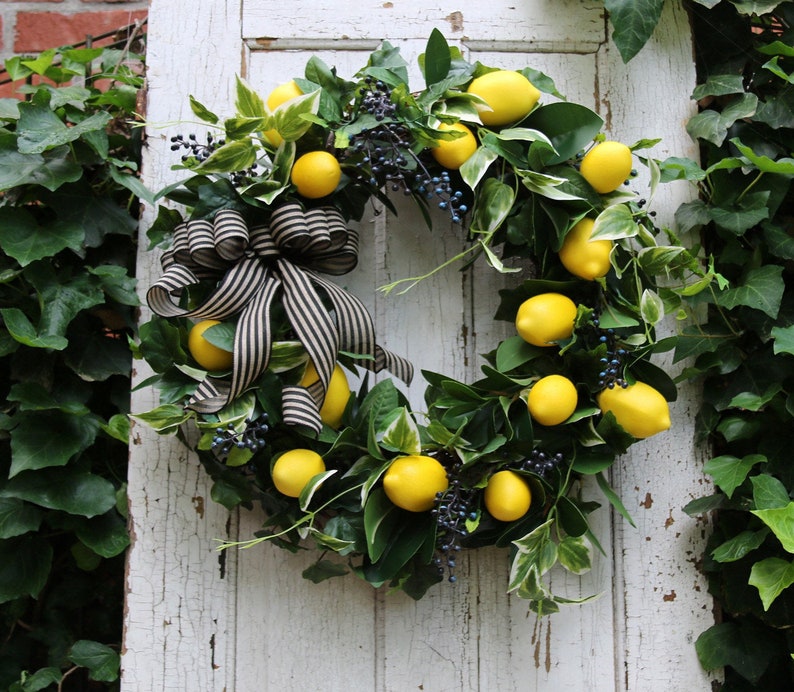 Lemon wreath Front door, Double Door Spring wreath, Farmhouse wreath, Lemon Summer Door wreath, Country Kitchen Decor, Lemon Home Wall Decor image 1