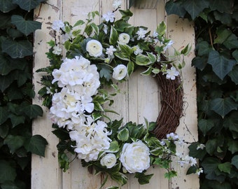 Spring Wreath for Front Door, Wedding Wreath, Off White Hydrangea Sympathy Wreath, Home Wall Decor, Bridal Shower, Spring Double door wreath
