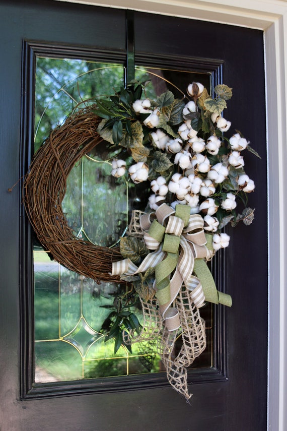 Year Round Cotton Wreath For Front Door Rustic Farmhouse Image 0
