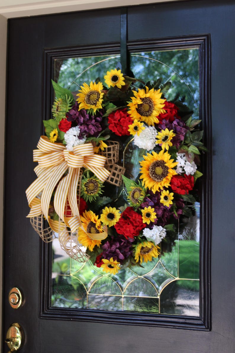 Large Sunflower Wreath for Front Door, Red Geranium & Sunflower Wreath ...